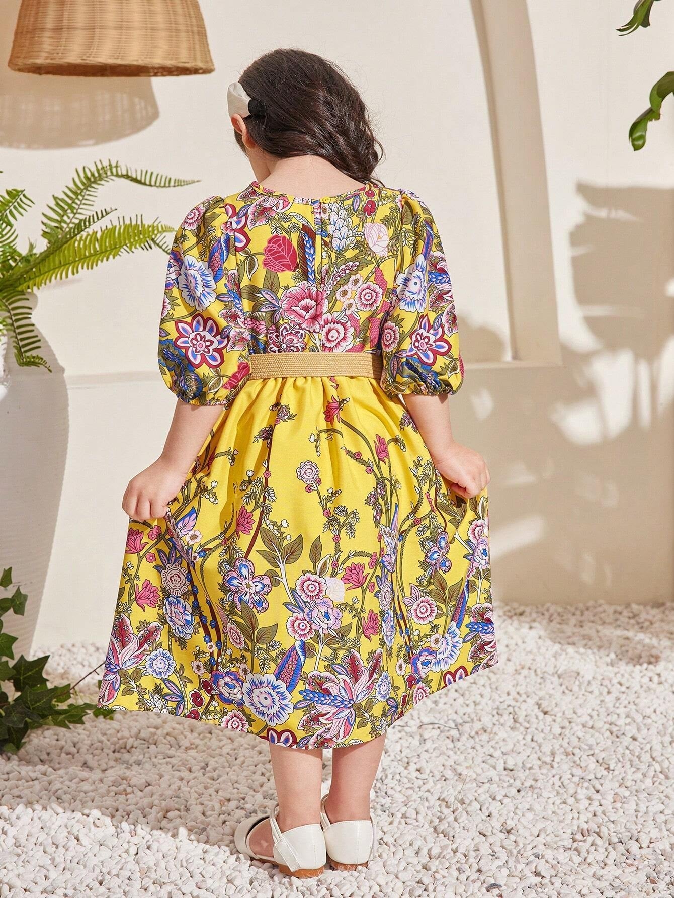 Young Girl Floral Printed V-Neck Puff Sleeve Dress