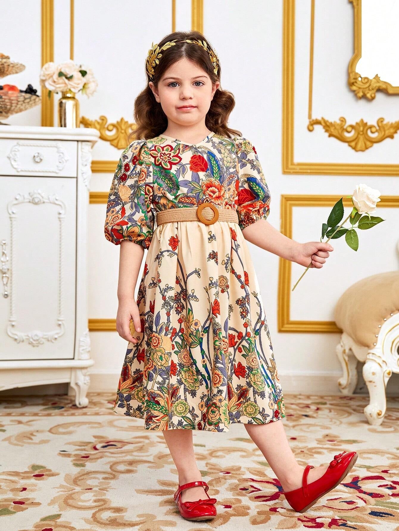 Young Girl Floral Printed V-Neck Puff Sleeve Dress