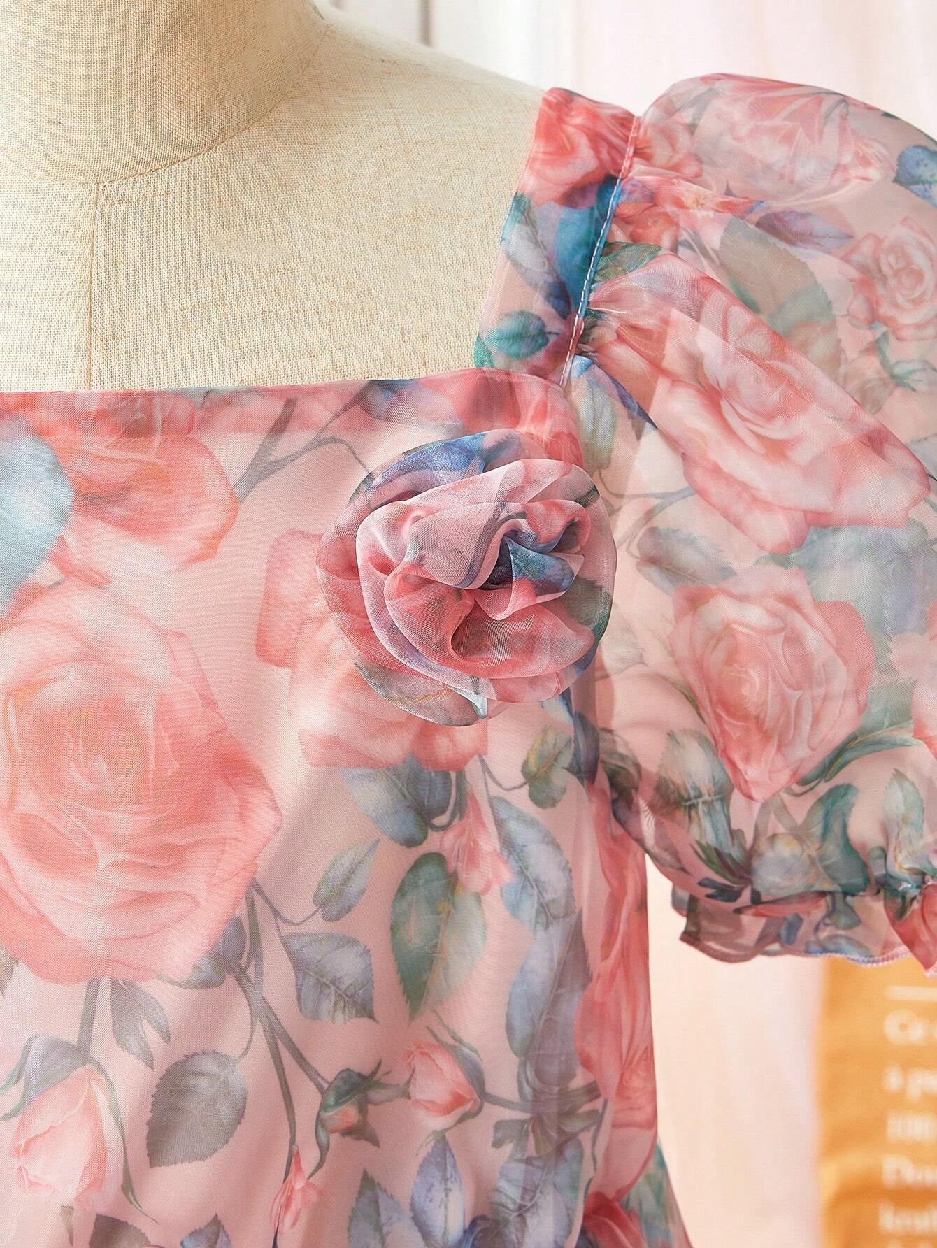 Tween Girl Floral Printed Mesh Patchwork Puff Sleeve Dress
