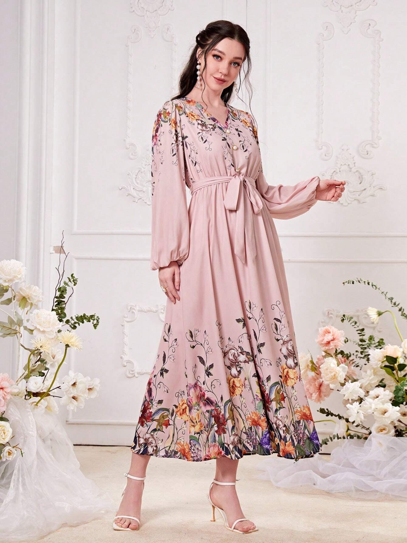 Modely Floral Print Lantern Sleeve Belted Dress