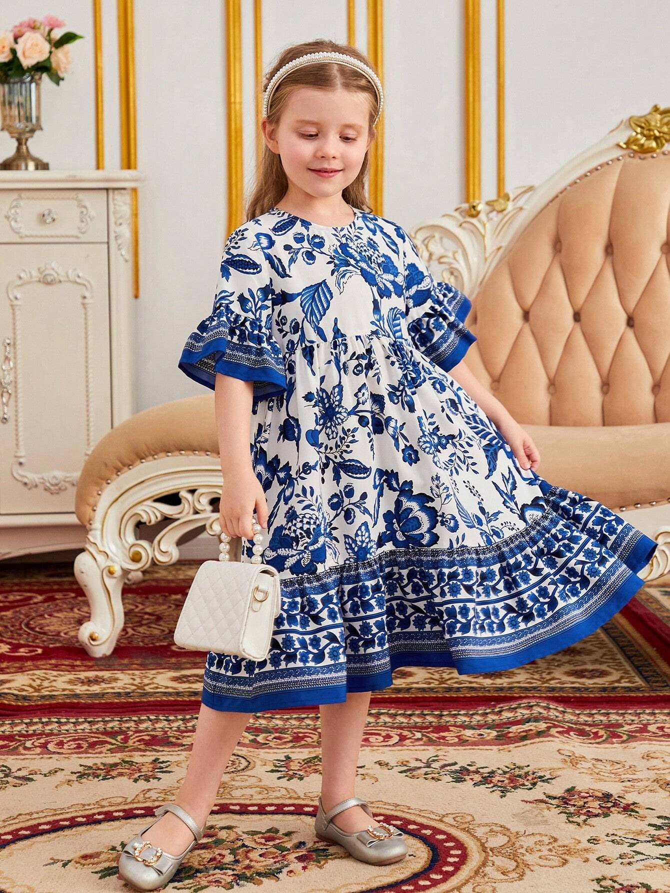 Young Girl Floral Print Flounce Sleeve Ruffle Hem Smock Dress