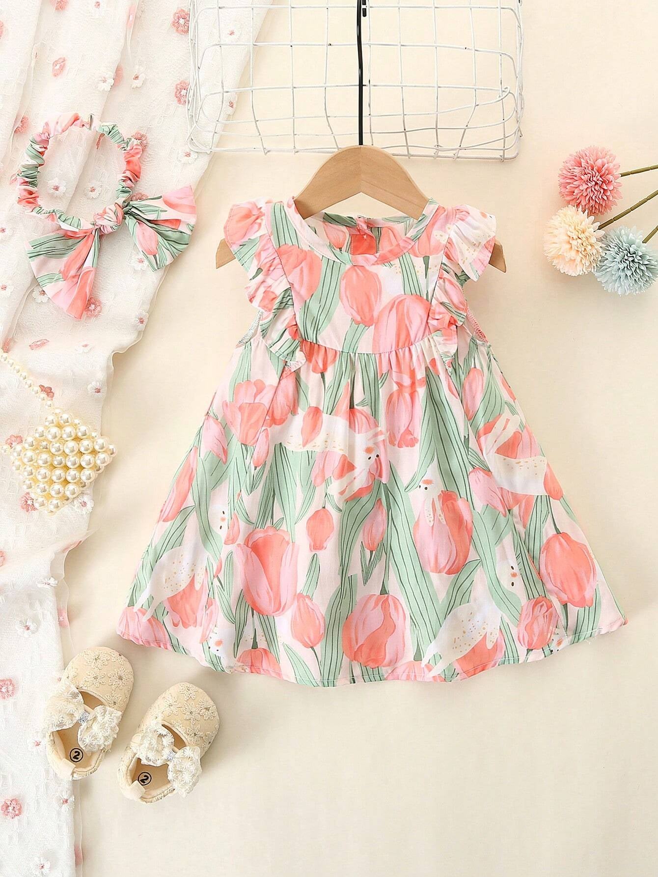 Baby Girl'S Full Print Floral Dress with Ruffled Hem and Headband
