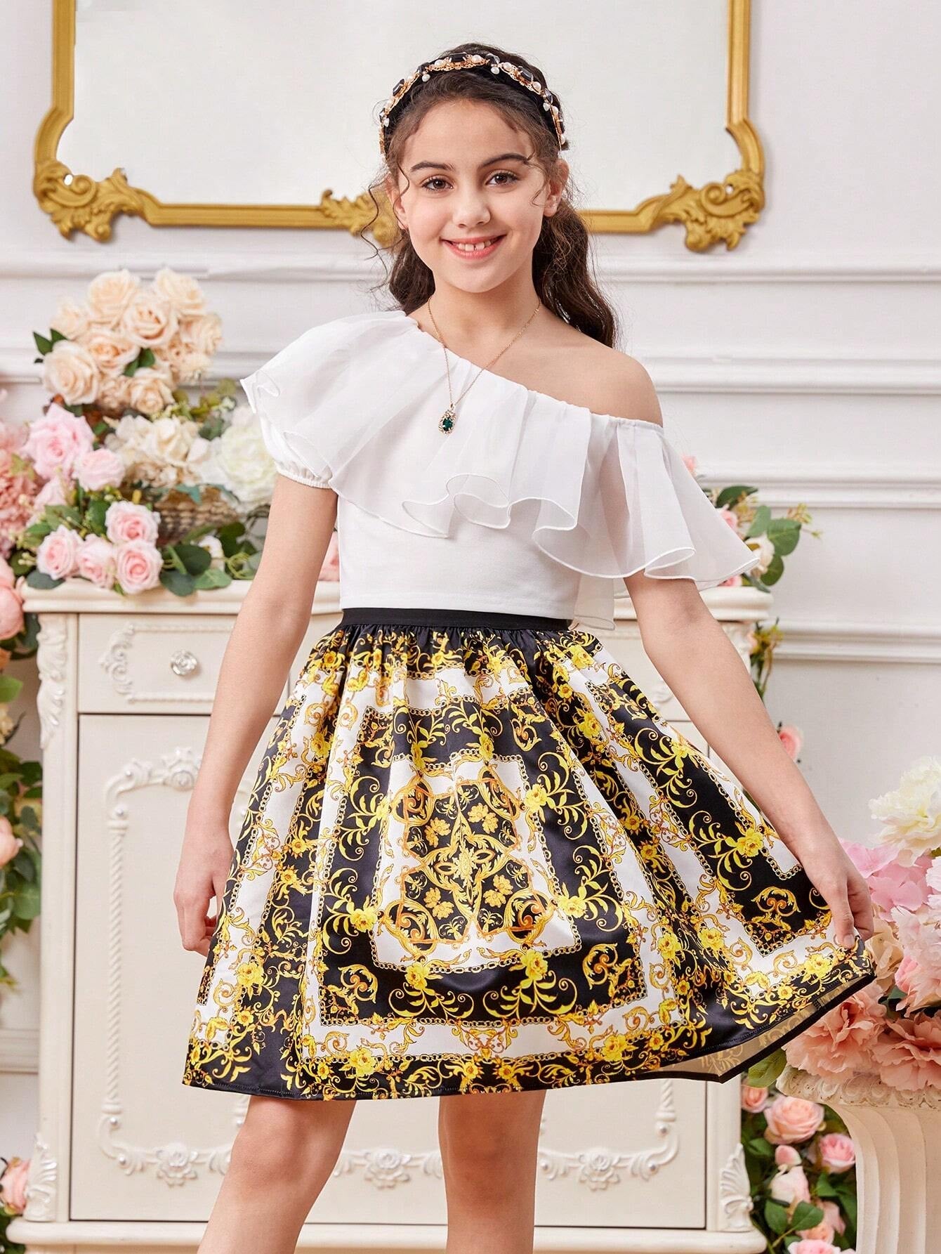 Tween Girls' One Shoulder Ruffle Trim Top & Vintage Flower Patterned Skirt Set