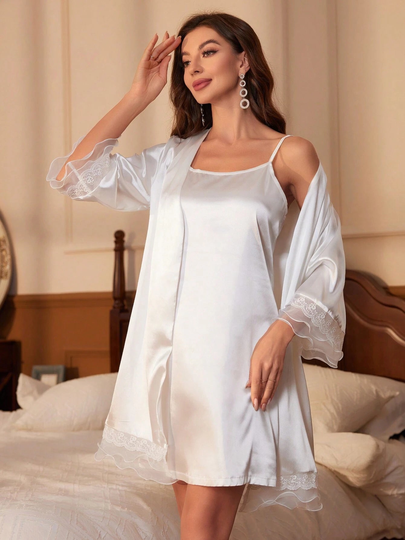 Solid Color Cami Dress with Lace Trimmed Jacket Pajama Set