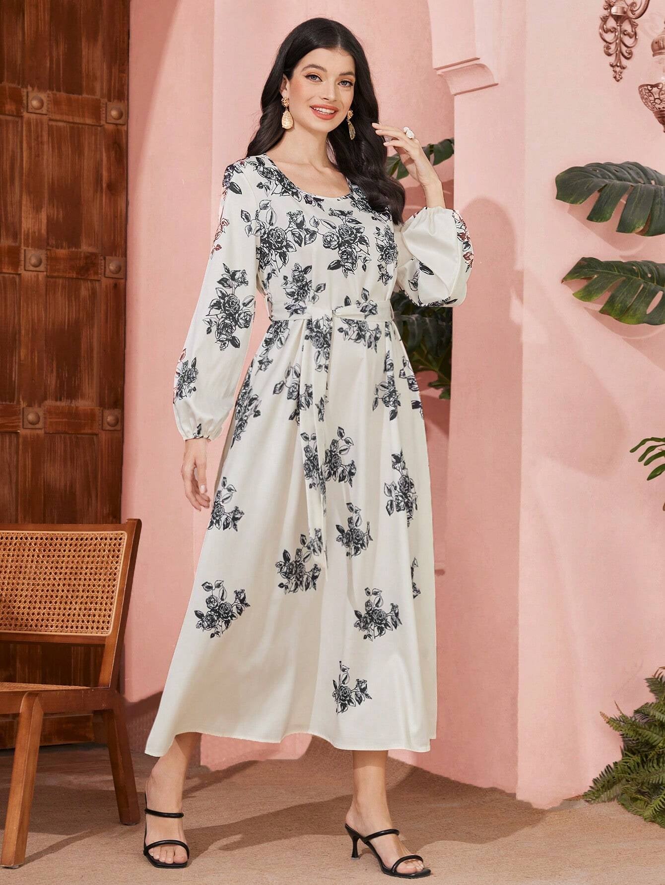 Mulvari Ladies' Floral Print Lantern Sleeves Dress