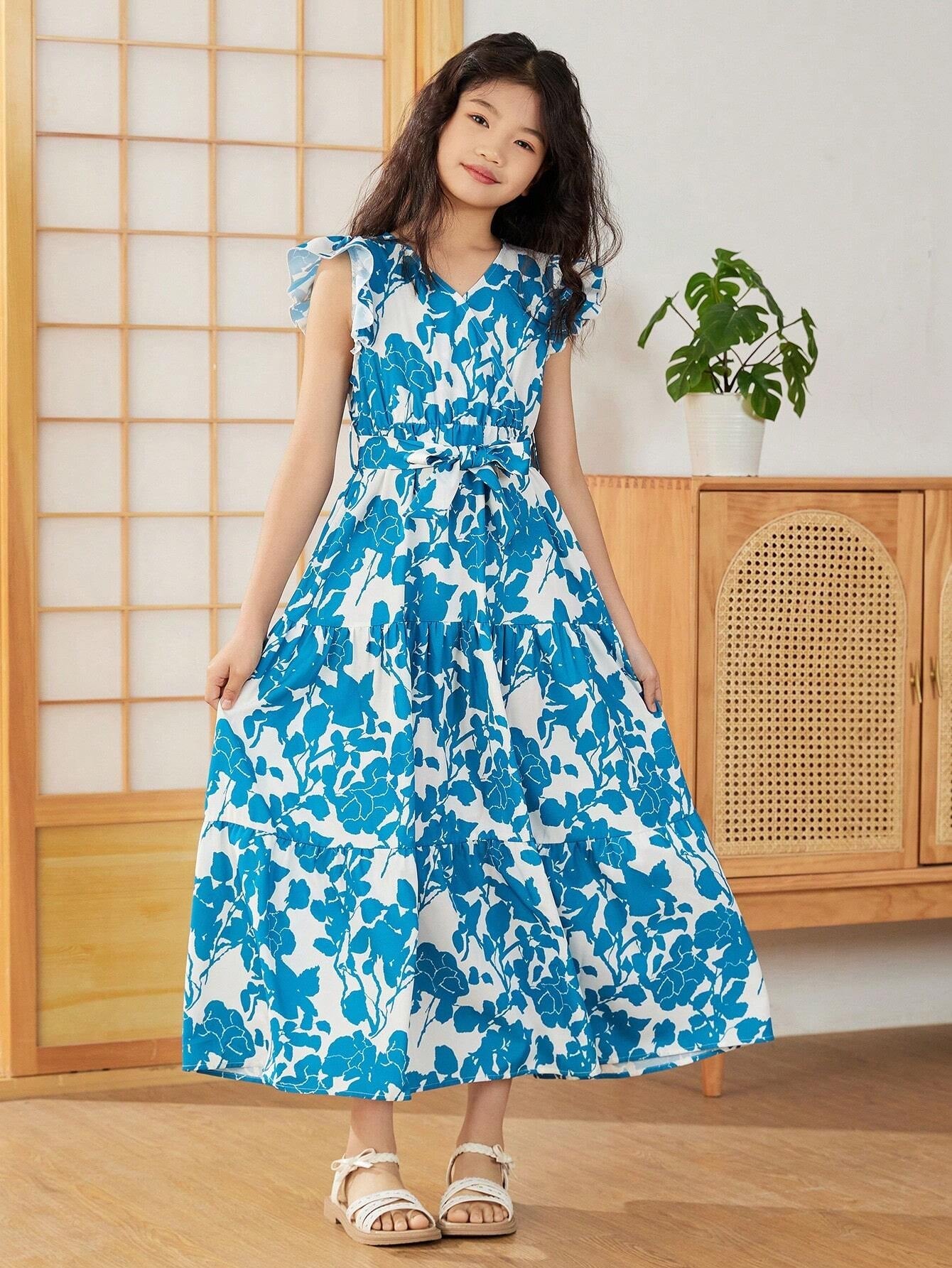 Tween Girls' Elegant Cross V-Neckline Floral Printed Dress with Ruffle Sleeves, Pleated and Tie for Summer
