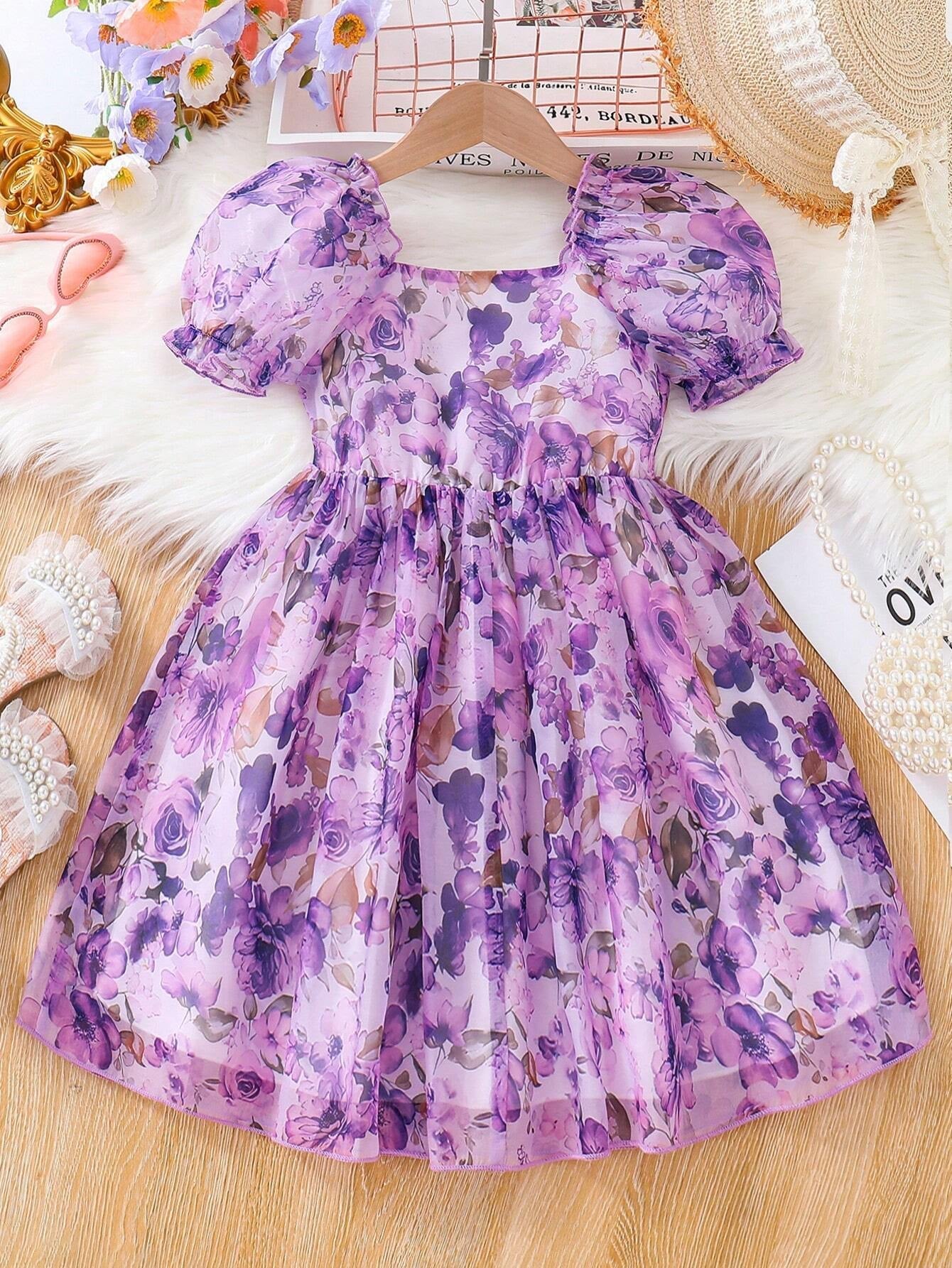 Young Girls' Summer Flower Print Dress, Purple Floral Princess Dress with Puff Sleeves