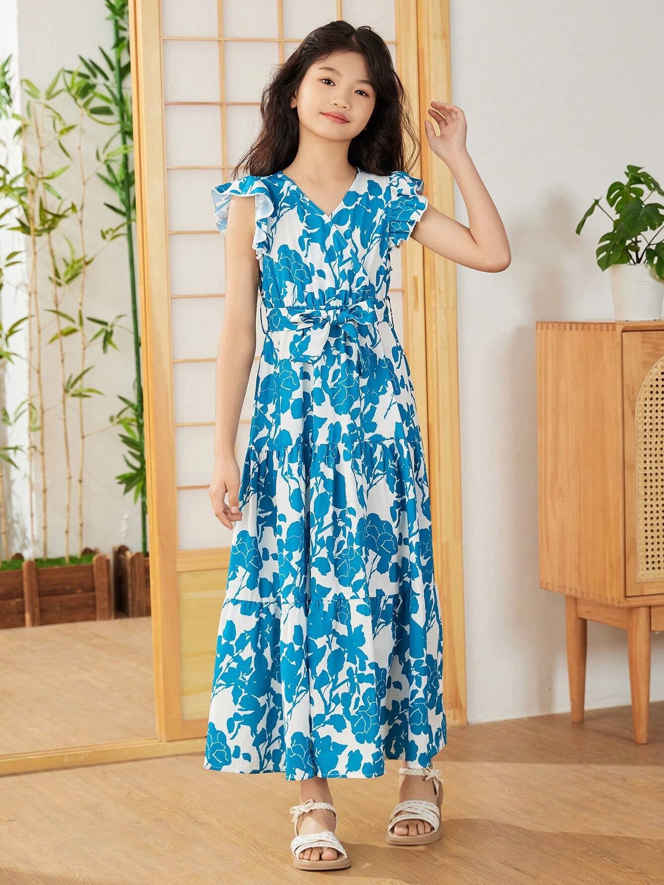Tween Girls' Elegant Cross V-Neckline Floral Printed Dress with Ruffle Sleeves, Pleated and Tie for Summer