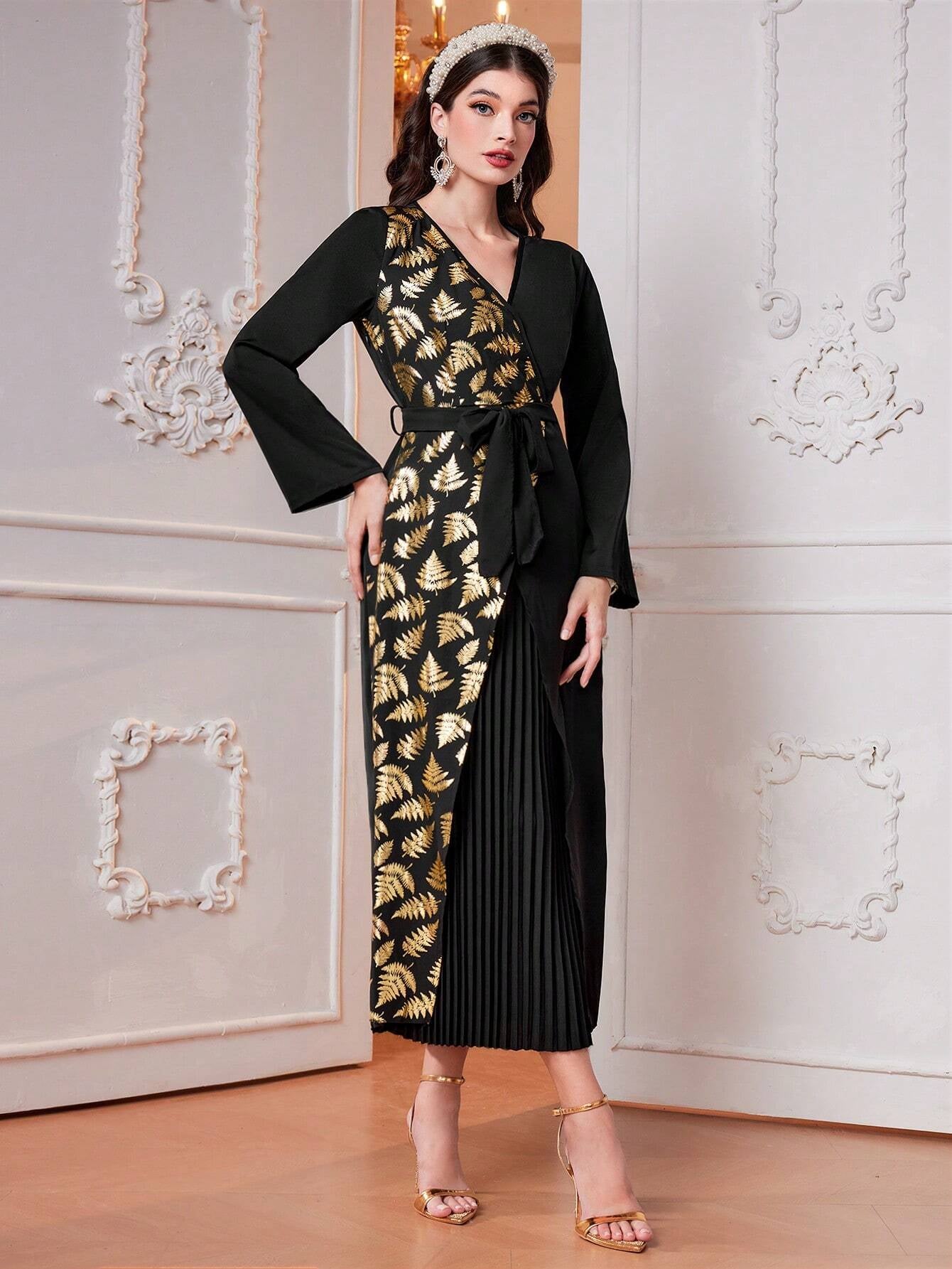 Modely Colorblock Gold Foil Printed V-Neck Swing Dress with Pleated Hem