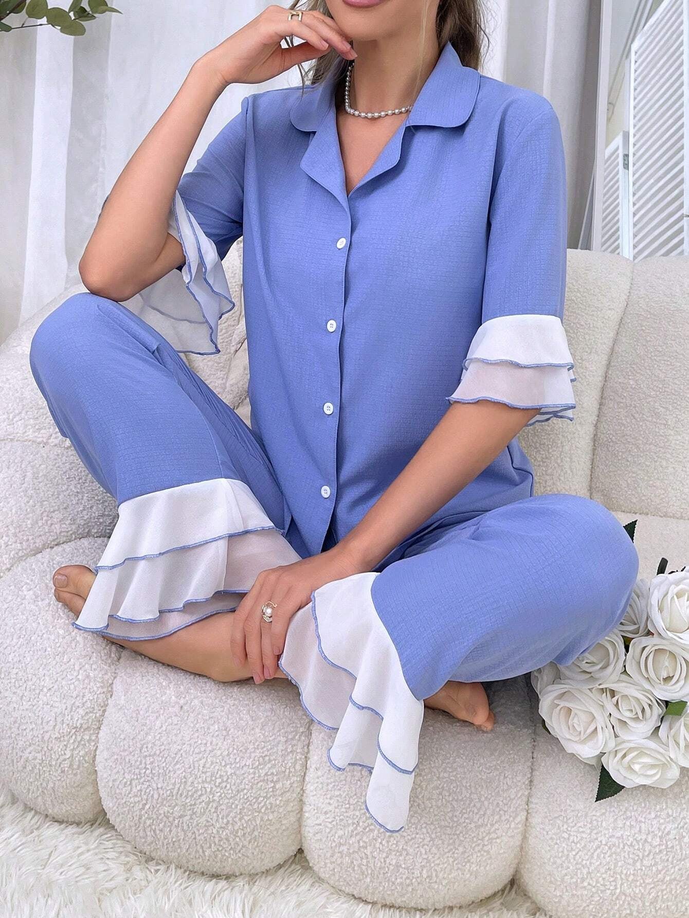 Women'S Two-Piece Sleepwear Set with Color Block Flounce Sleeve Top and Flare Pants