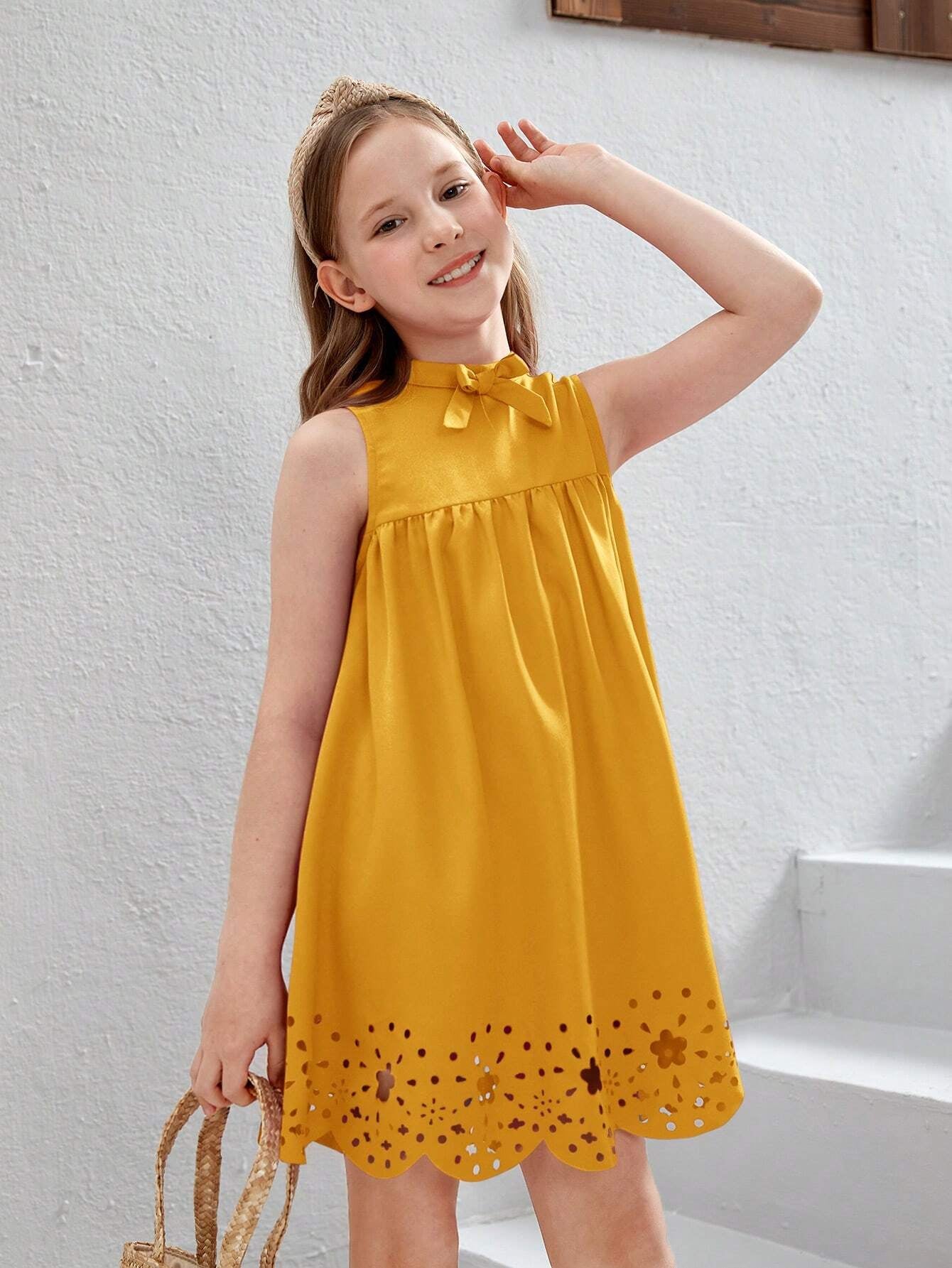 Tween Girl'S Woven Burn-Out Waves Printed Sleeveless Dress with Ruffle Stand Collar, Perfect for Vacation