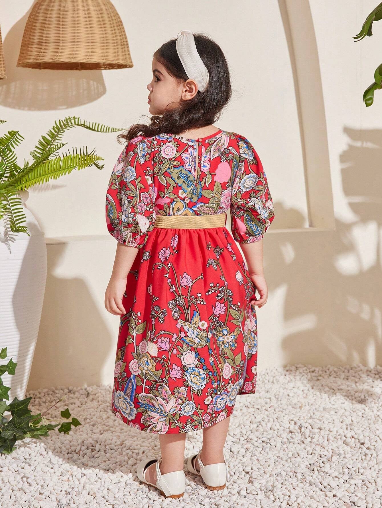 Young Girl Floral Printed V-Neck Puff Sleeve Dress