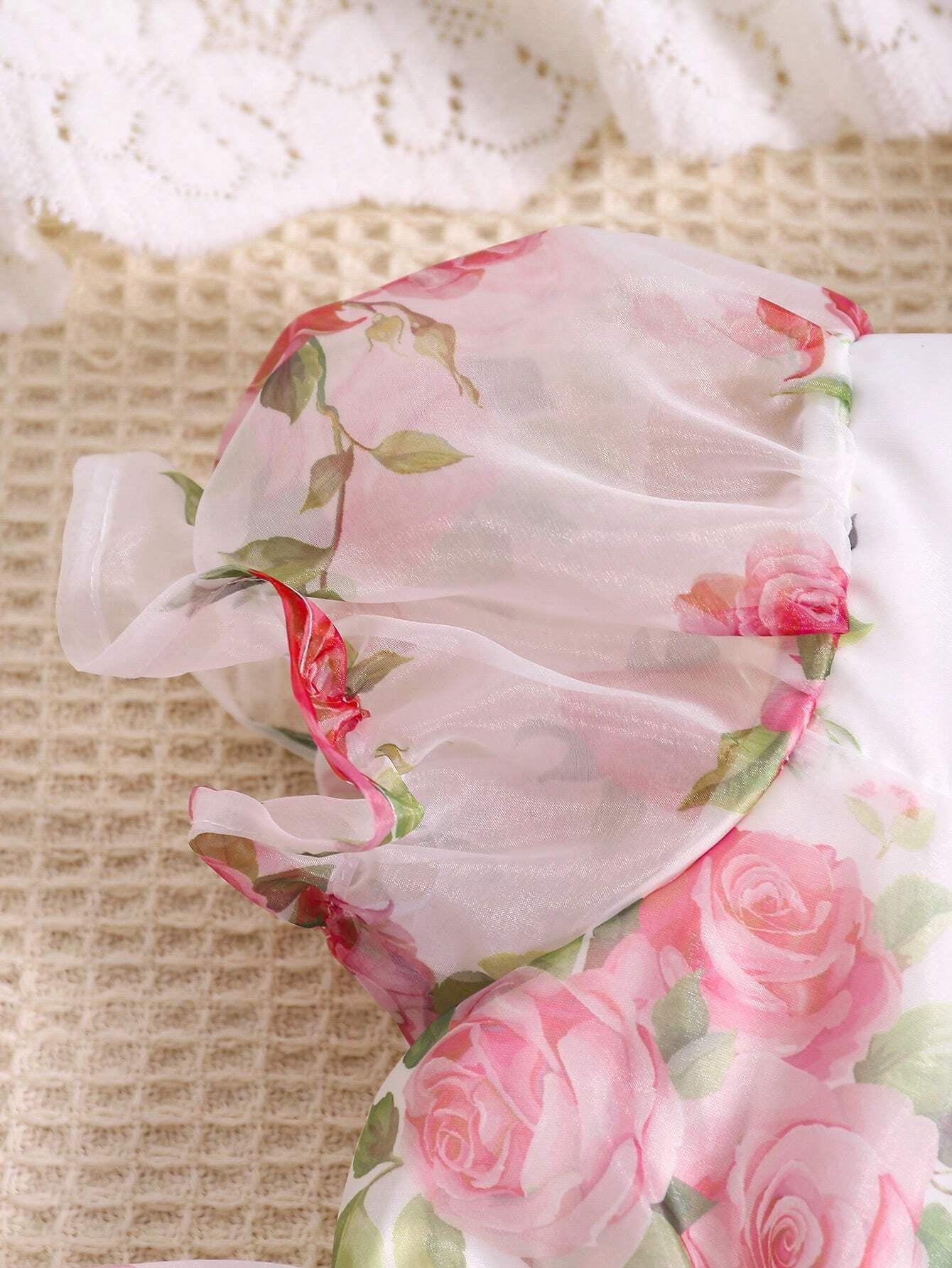 Baby Girls' Rose Printed Organza Bubble Sleeve Dress