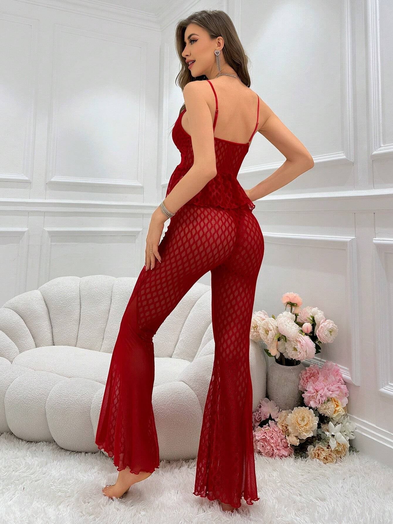 Women'S Solid Color Lace Contrast Mesh See-Through Cami Flared Pants Pajama Set