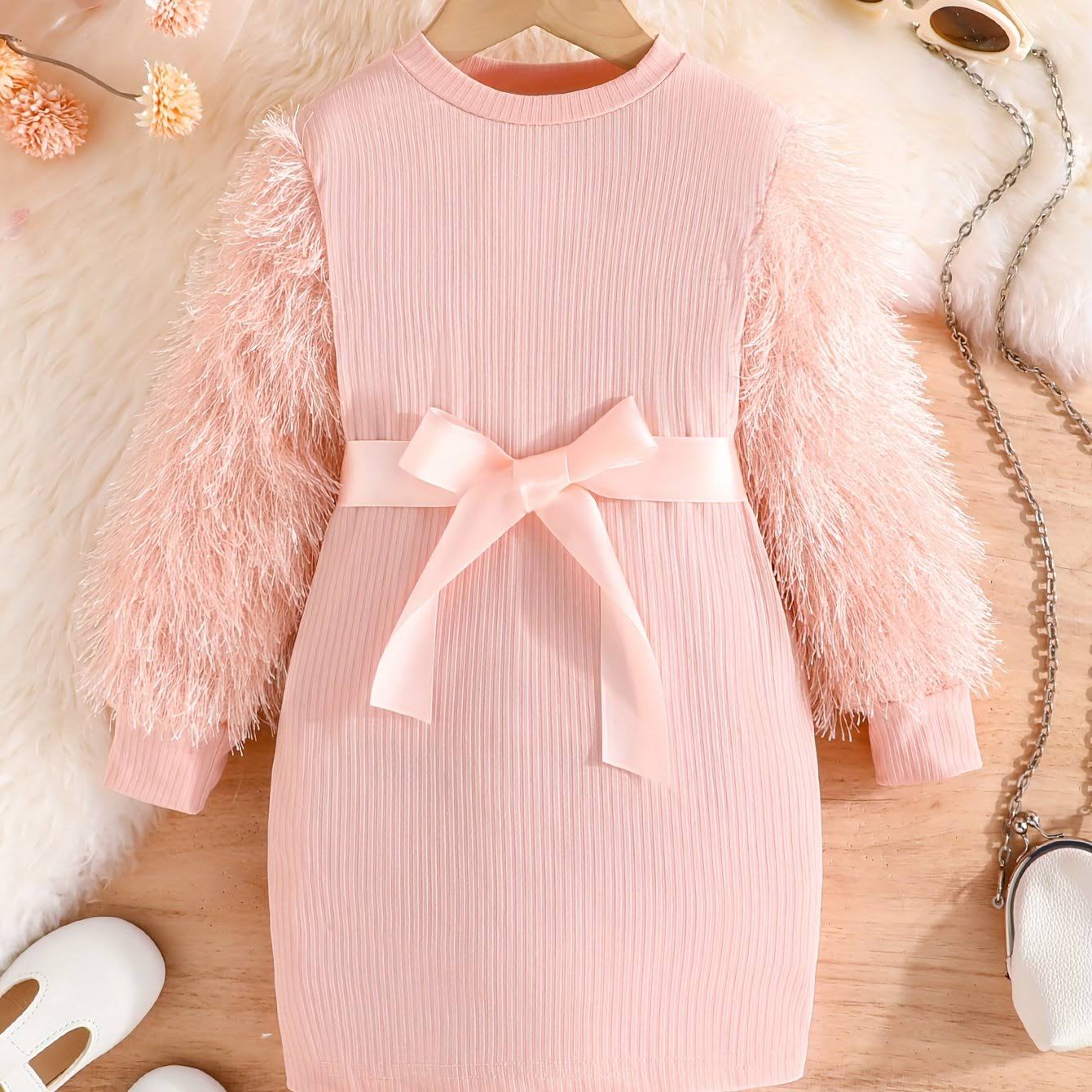 TEMU فستان بنات فتيات أنيق بياقة دائرية وأكمام طويلة، مثالي كهدية لفصلي الربيع والخريف