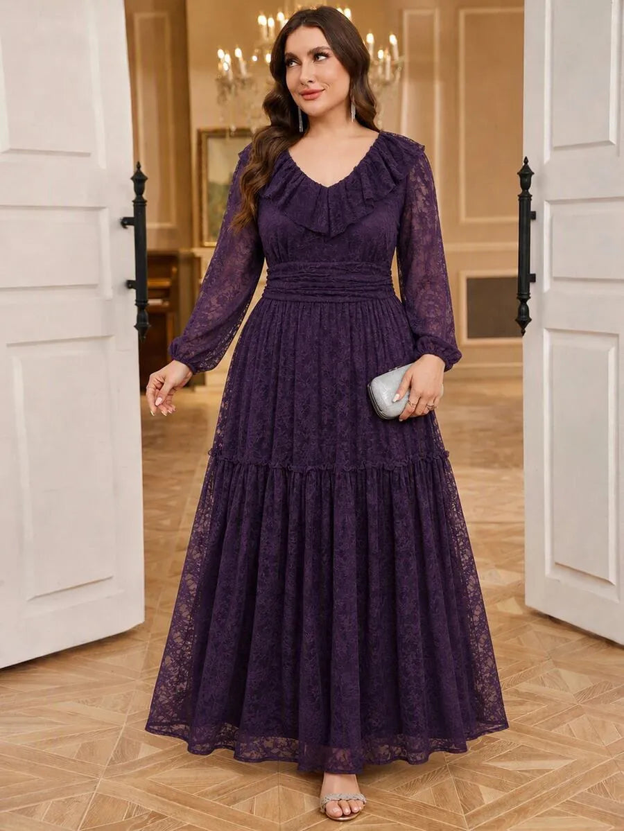 SHEIN Reflora فستان دانتيل طويل بياقة وأكمام واسعة وضيقة بنسيج شبكي بلون بنفسجي داكن