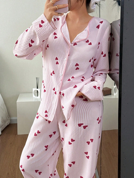 SHEIN Snug Zone بيجامة كاجوال بعلوية مخططة وبنطلون بأكمام طويلة