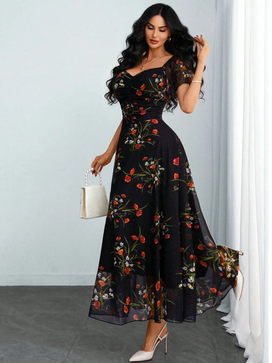 SHEIN فستان طويل أنيق بطبعة زهور سوداء على شبكة