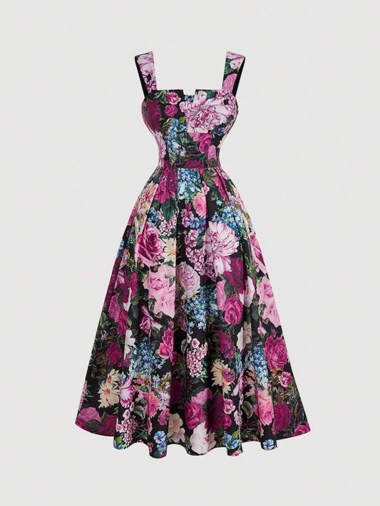 SHEIN MOD فستان طويل بطباعة أرجواني بطراز ملكي قديم