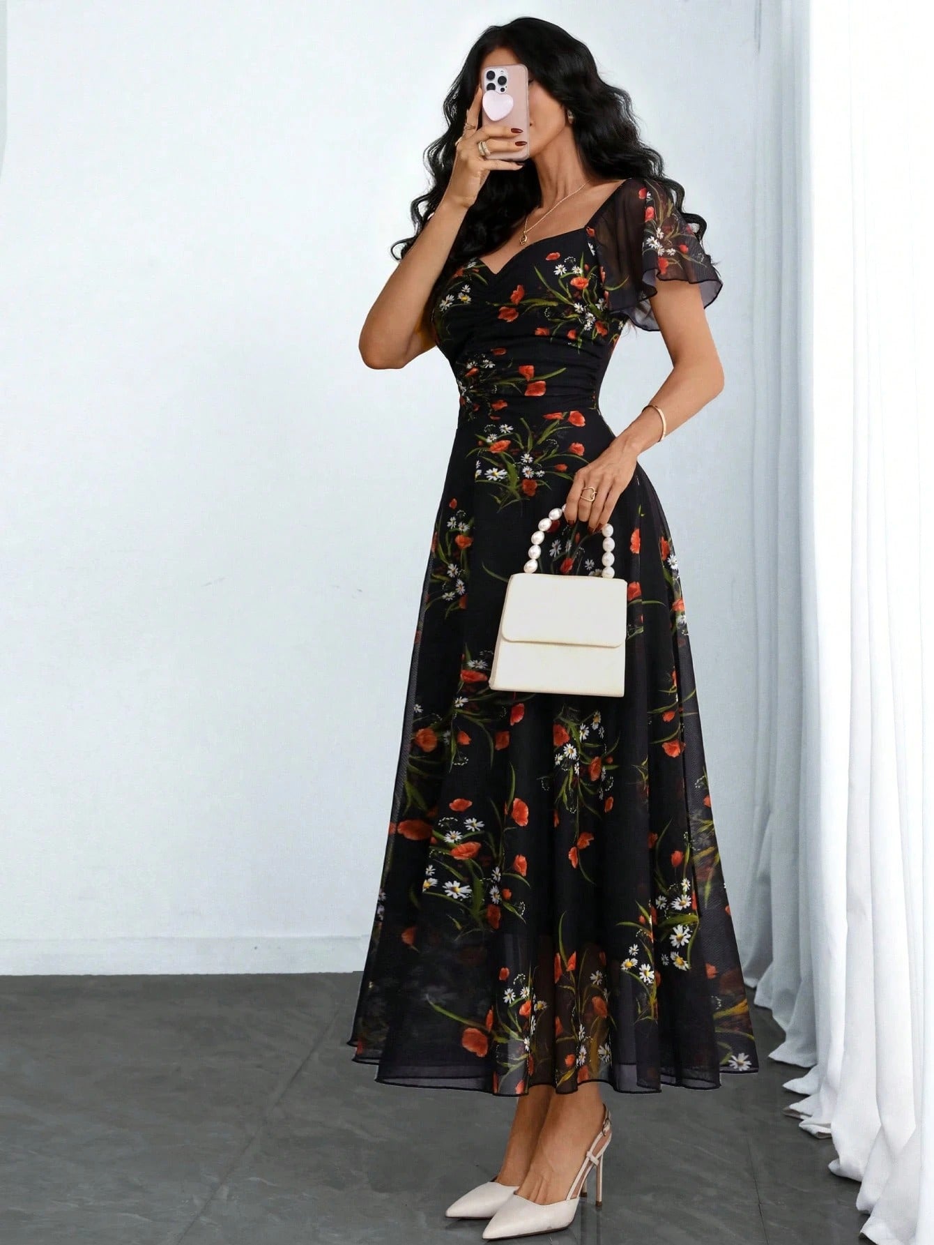SHEIN فستان نسائي طويل أنيق بطبعة زهور سوداء على شبكة