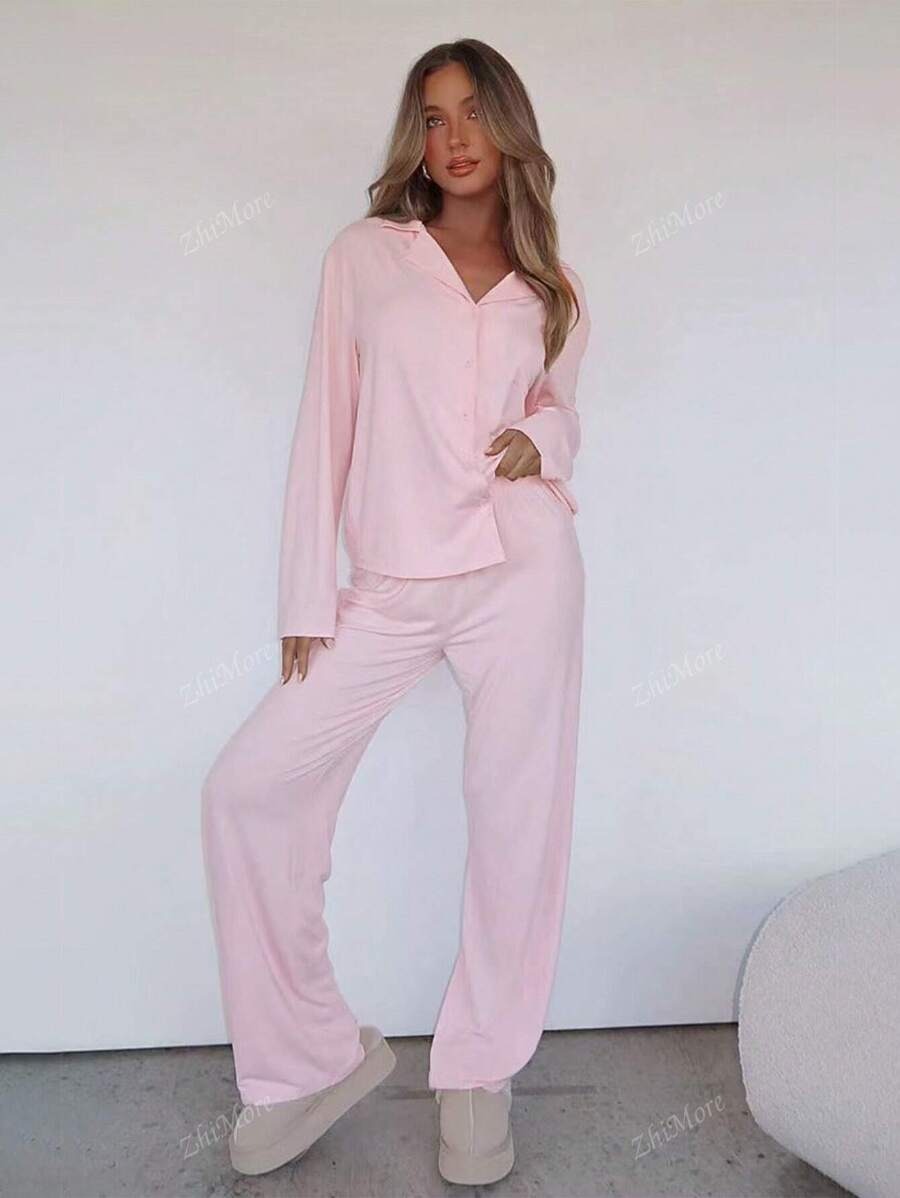 SHEIN طقم بيجامة بلون وردي سادة