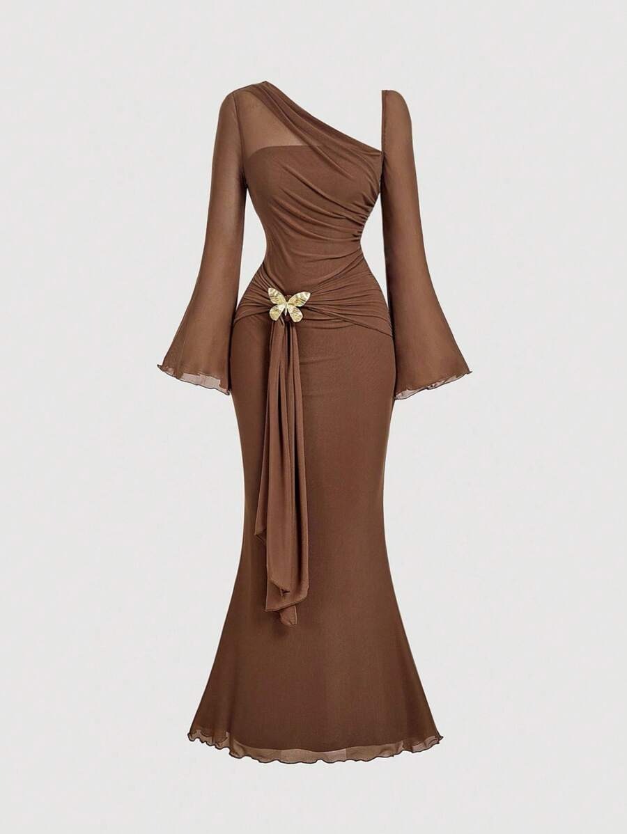 SHEIN MOD فستان بني بأكمام واسعة