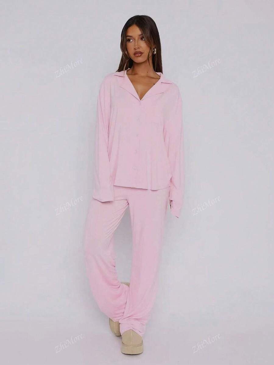 SHEIN طقم بيجامة بلون وردي سادة