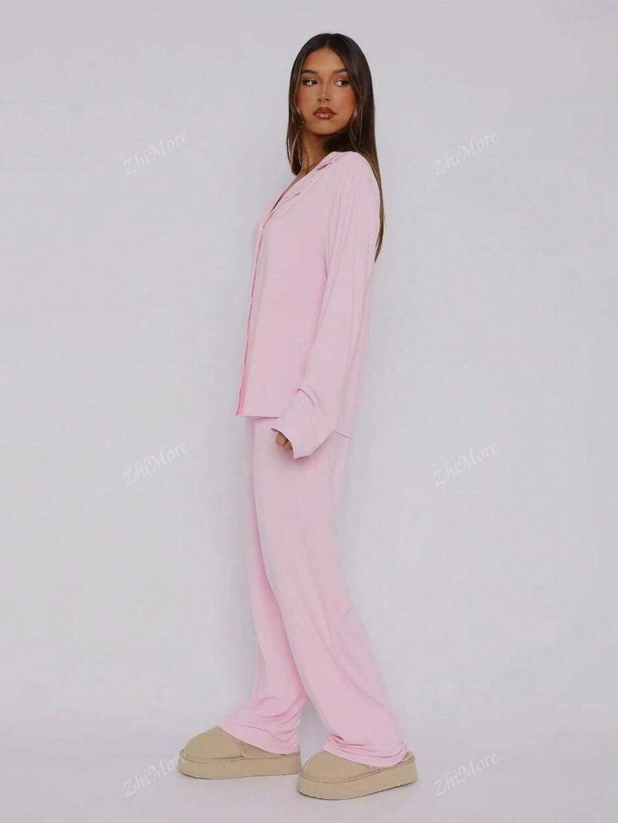 SHEIN طقم بيجامة بلون وردي سادة