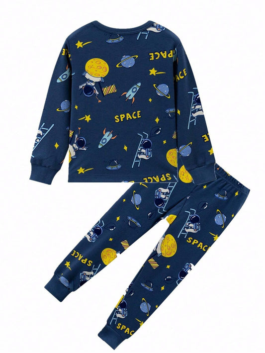 SHEIN مجموعة ملابس استرخاء للأطفال برسوم كرتونية طويلة الأكمام والبنطلون