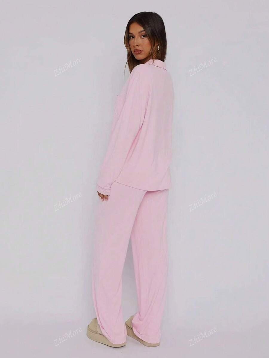SHEIN طقم بيجامة بلون وردي سادة