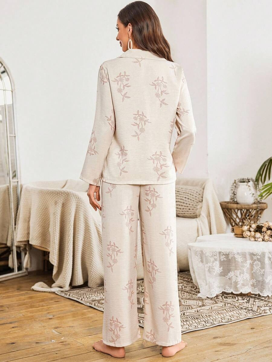 SHEIN طقم بيجامة بطبعة أزهار وياقة مقلوبة مشمشي