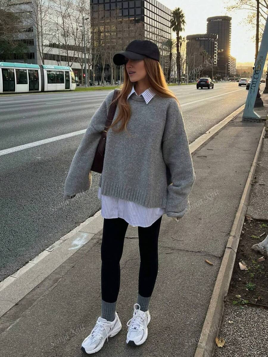 SHEIN سويتر صوف ناعم بلون رمادي غامق
