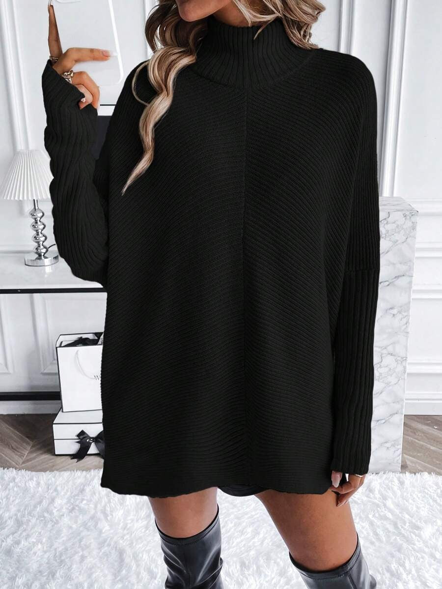 SHEIN كنزة صوفية سوداء بياقة عالية وأكمام خفاش