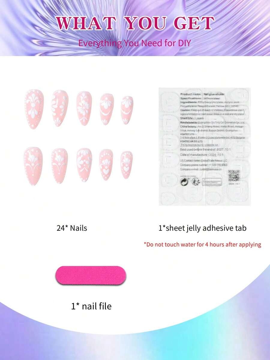 SHEIN طقم أظافر صناعية طويلة بتصميم لوزي وزهور ثلاثية الأبعاد