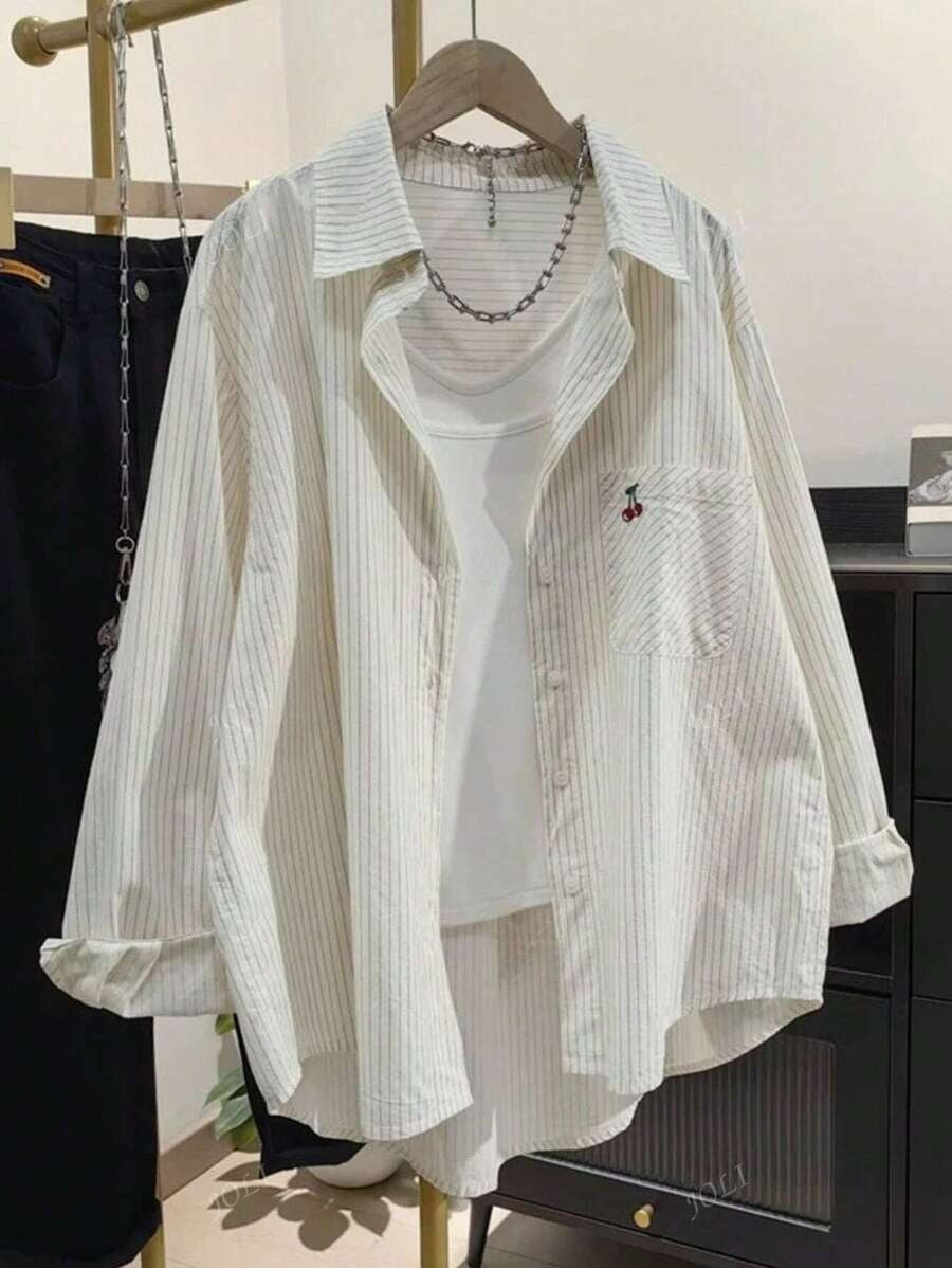 SHEIN قميص نسائي كاجوال بلون مشمشي وجيب مطرز