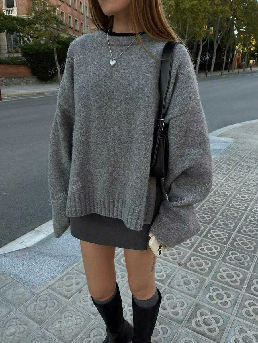 SHEIN سويتر صوف ناعم بلون رمادي غامق
