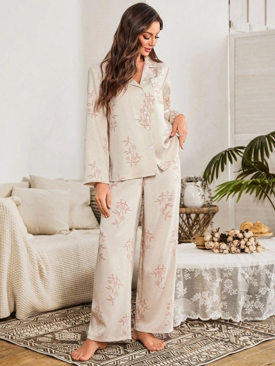 SHEIN طقم بيجامة بطبعة أزهار وياقة مقلوبة مشمشي