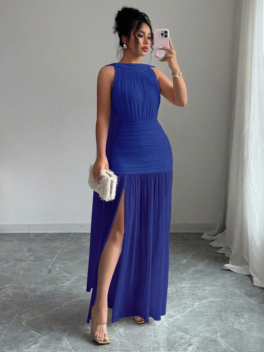 SHEIN Elenzga فستان ازرق بشق جانبي وطيات