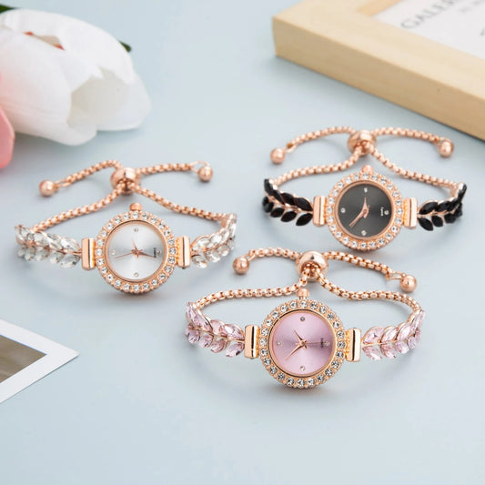 SHEIN ساعة نسائية كوارتز صغيرة مرصعة بالراينستون وسوار ورقة وريشة