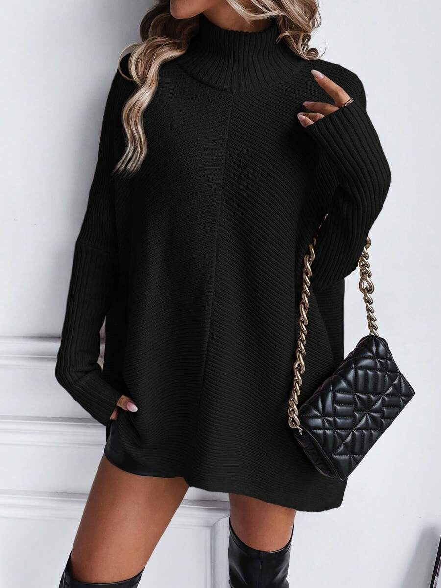 SHEIN كنزة صوفية سوداء بياقة عالية وأكمام خفاش