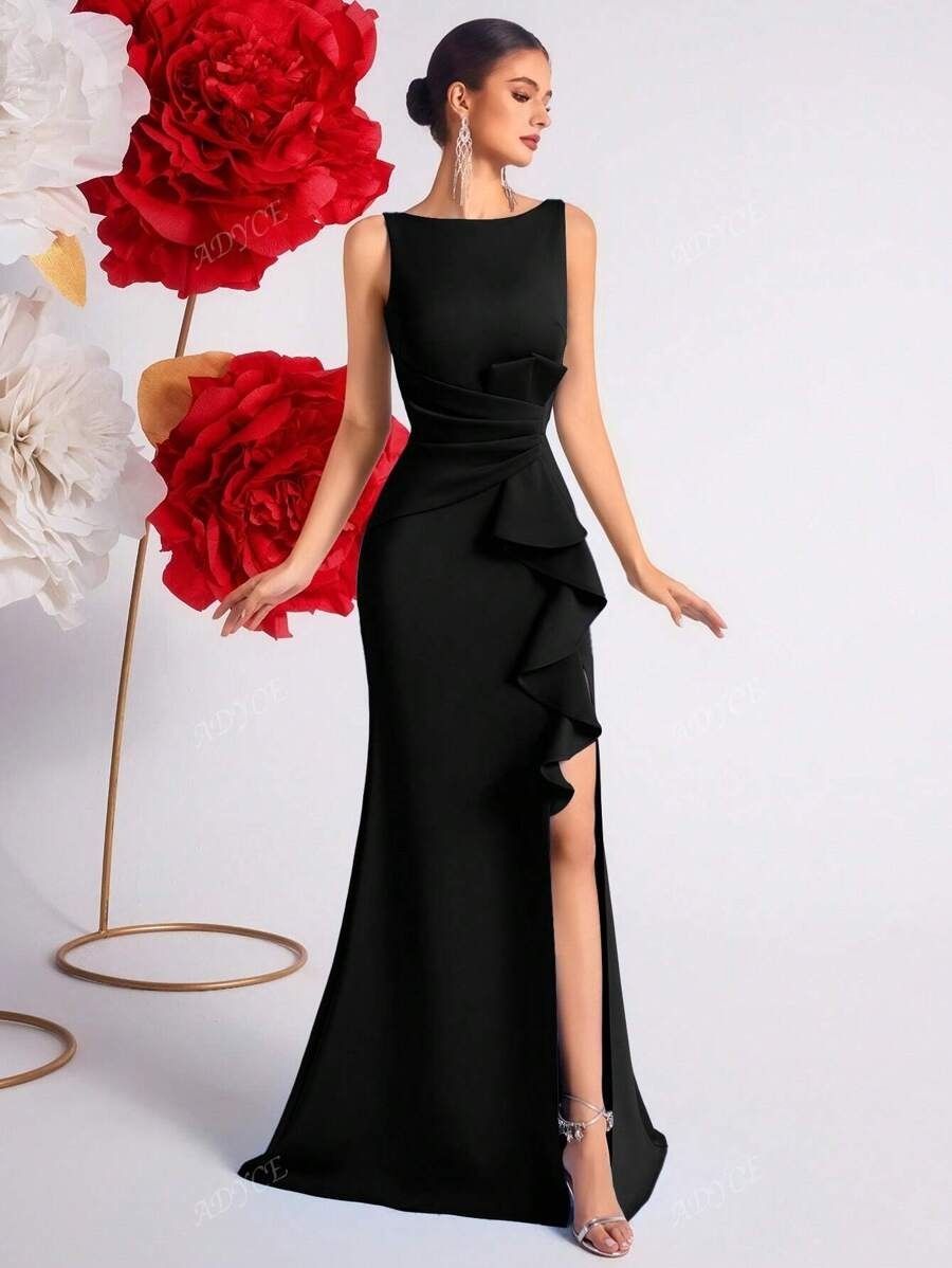 SHEIN ADYCE فستان سهرة أسود ضيق بكشكشة