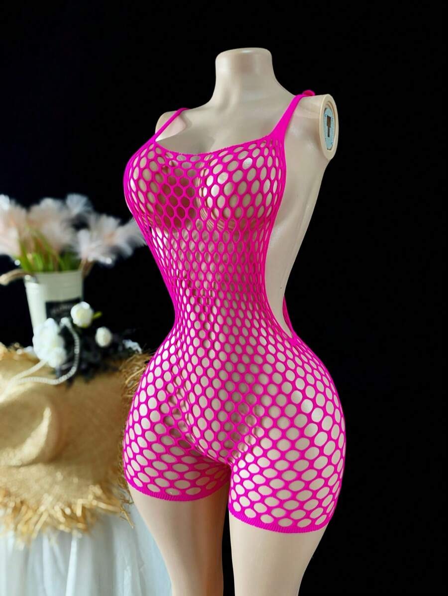 SHEIN بوديسوت شفاف ستايل شبكي بفتحات جانبية لون روز أحمر