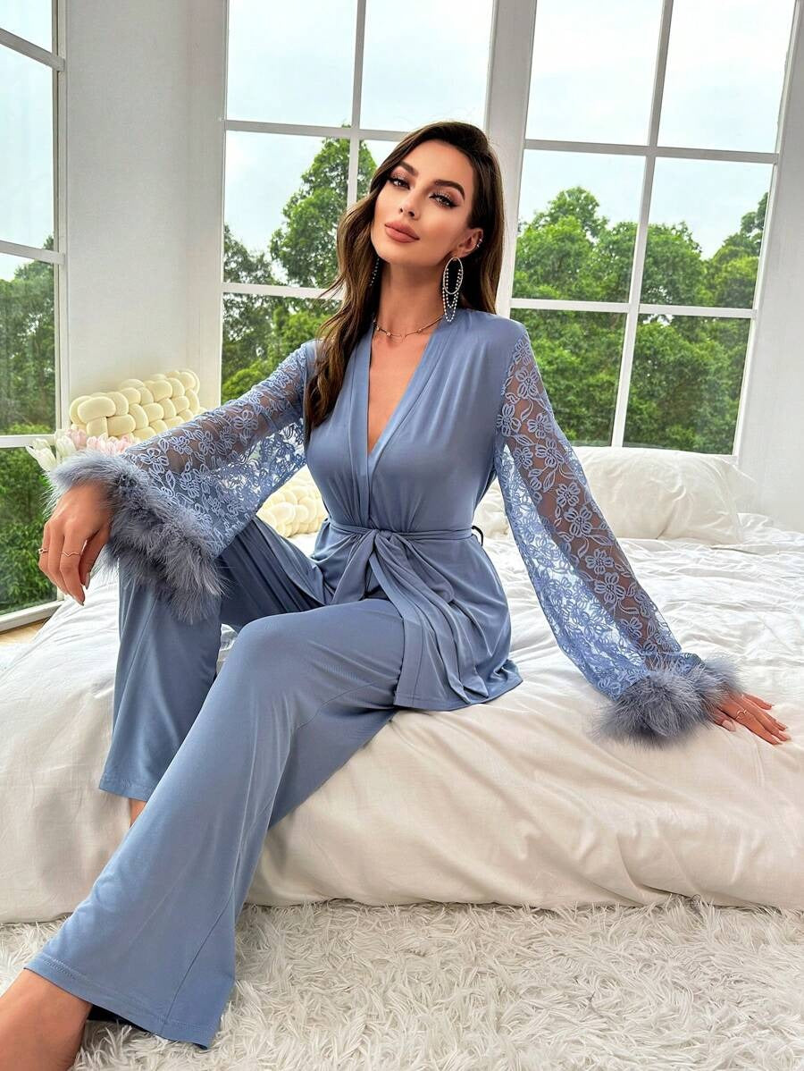 SHEIN طقم بيجامة بلون أزرق و أكمام دانتيل