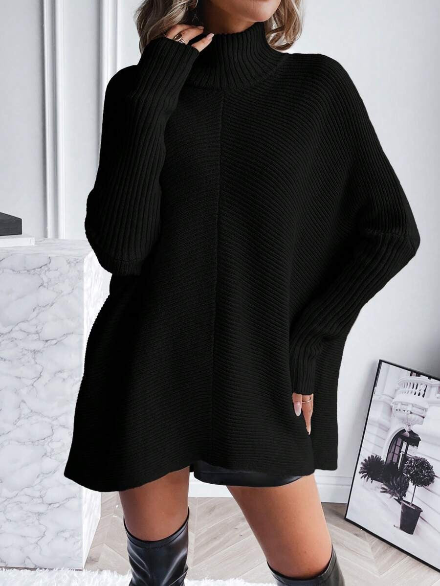 SHEIN كنزة صوفية سوداء بياقة عالية وأكمام خفاش