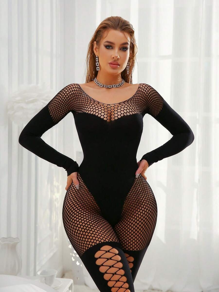 SHEIN ChaseTheNight جمبسوت أسود طويل الأكمام مفرغ
