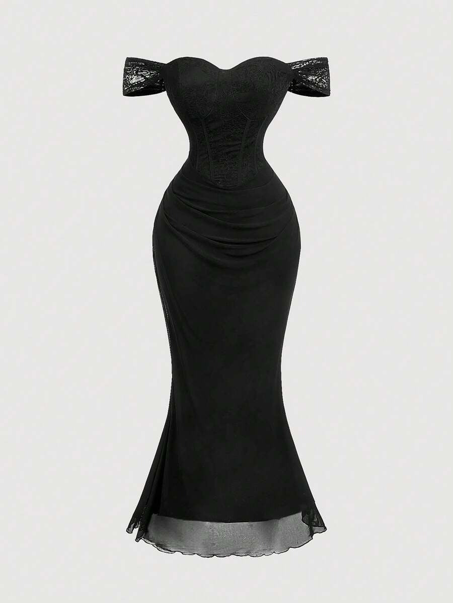 SHEIN MOD فستان أسود طويل دانتيل ناعم