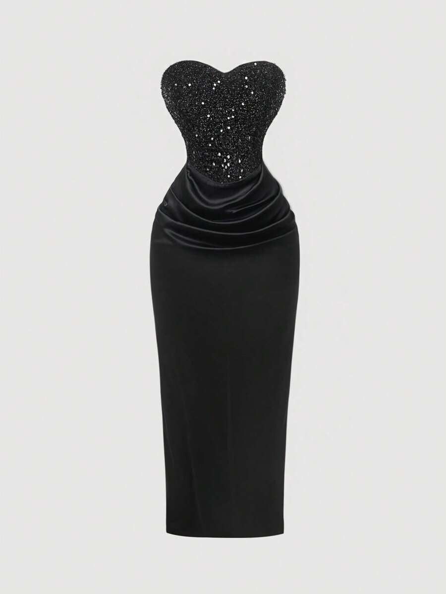 SHEIN MOD فستان سهرة أسود طويل من الترتر اللامع
