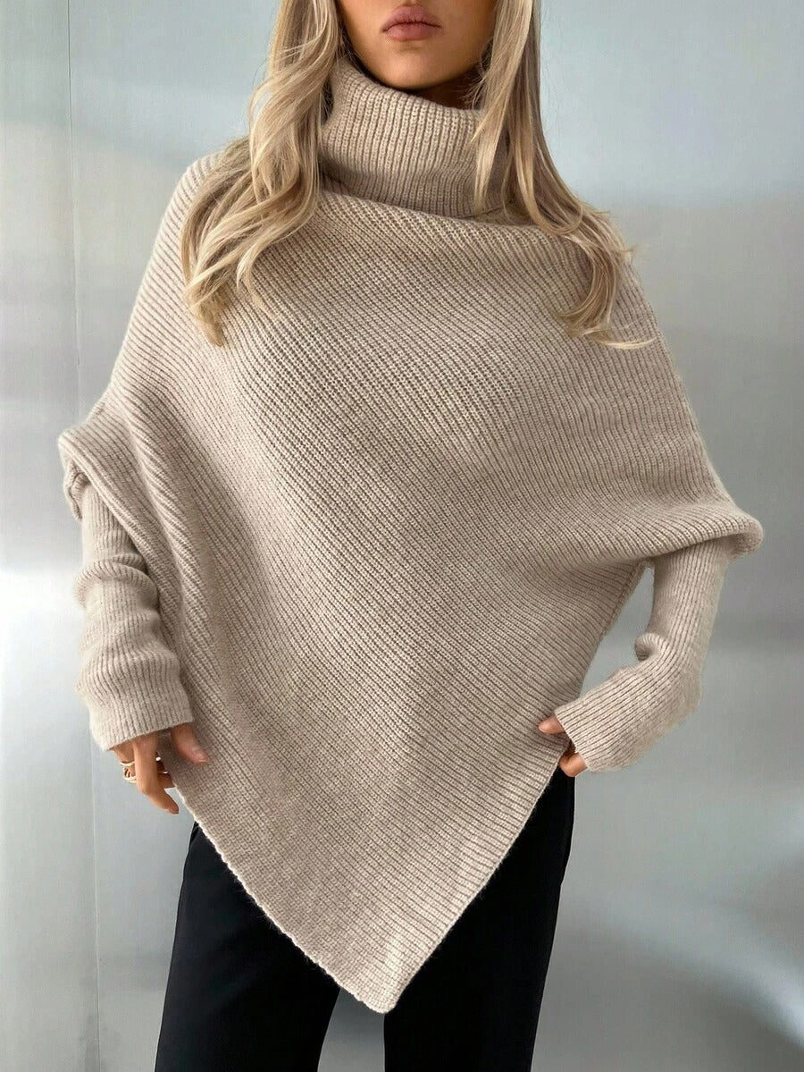 SHEIN كنزة صوفية طويلة بياقة عالية بلون بيج