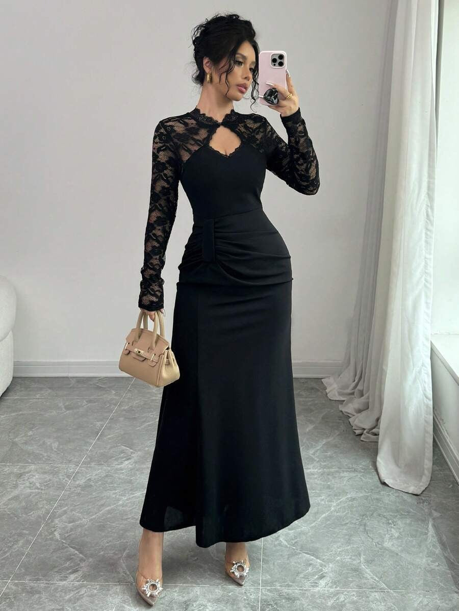 SHEIN Modelyn فستان ماكسي بتطريز دانتيل لون أسود