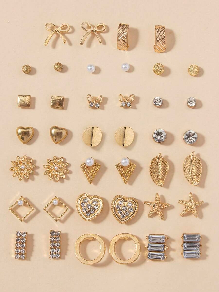 SHEIN مجموعة أنيقة تحتوي على 20 زوج أقراط بتصميمات متنوعة بلون ذهبي أصفر